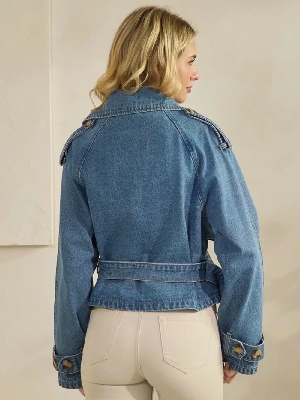 Cropped Denim Trench Coat / Jacket, Transitional Outerwear, Sz S.M,L by Veveret - Picture 12 of 13